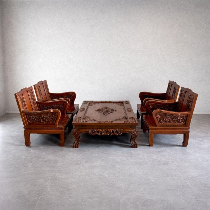 アジアン家具 彫刻 ローテーブル＋木製椅子4脚セット