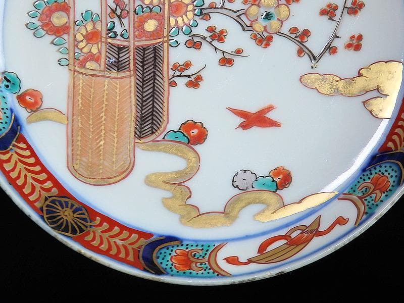 古伊万里　金襴手　花鳥紋に花籠の図　縁高４寸皿　５枚　E128AS-BUy