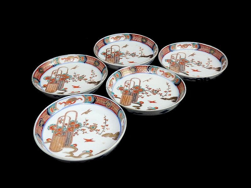 古伊万里　金襴手　花鳥紋に花籠の図　縁高４寸皿　５枚　E128AS-BUy