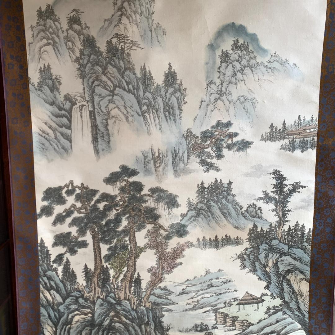 田中翠堂「彩山水」大幅掛軸 　掛け軸 絹本 山水図 掛軸