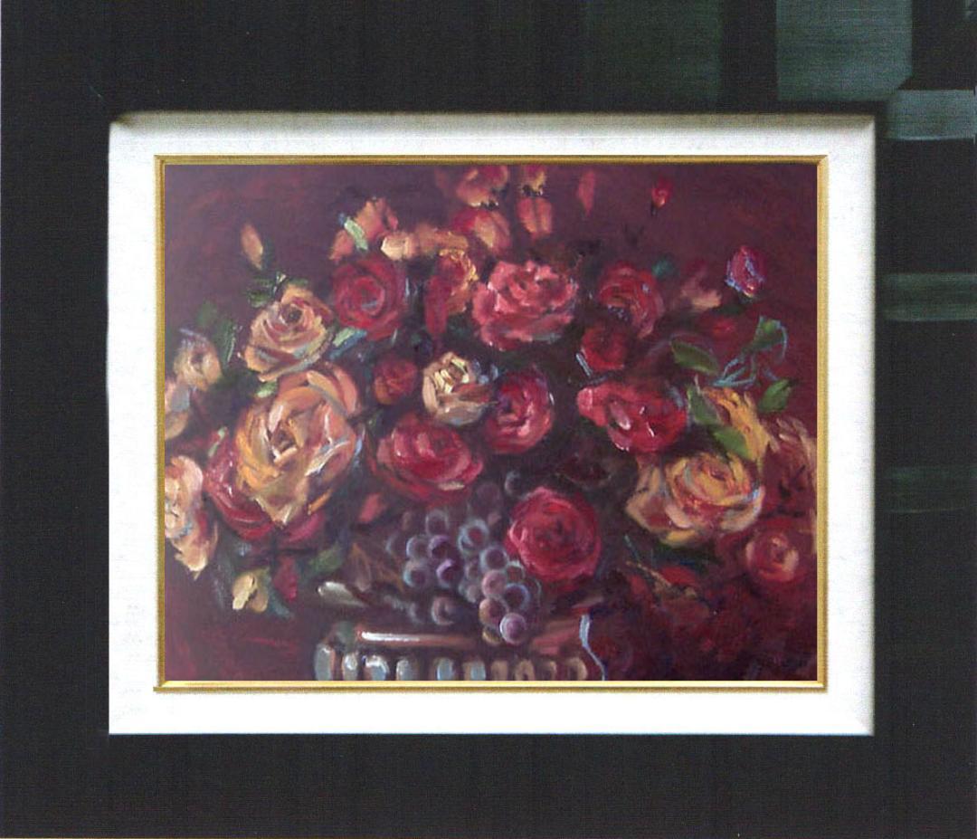 油絵 菅家令子 絵 絵画 インテリア 額付(白) uF6-113802 花 ばら