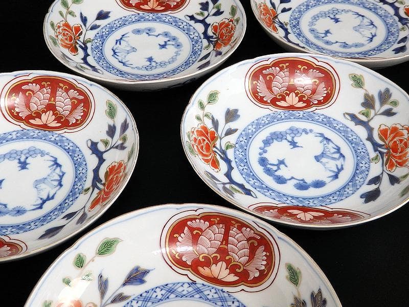 大聖寺伊万里　金襴手　牡丹に松竹梅の図　６寸皿　５枚　B269AS-BGi