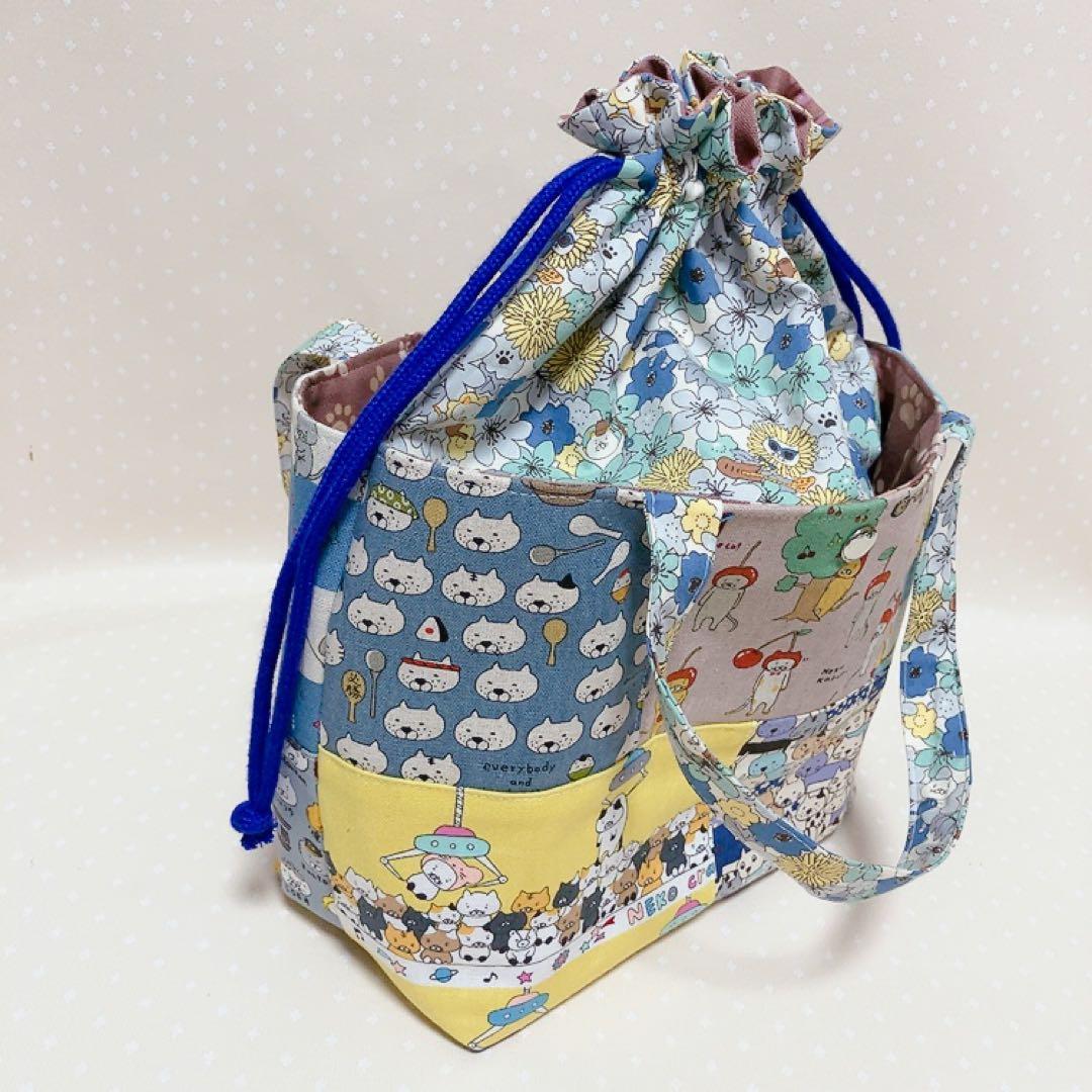 チャッピー。 テントポーチ パッチワーク猫生地 巾着付きトートバッグ
