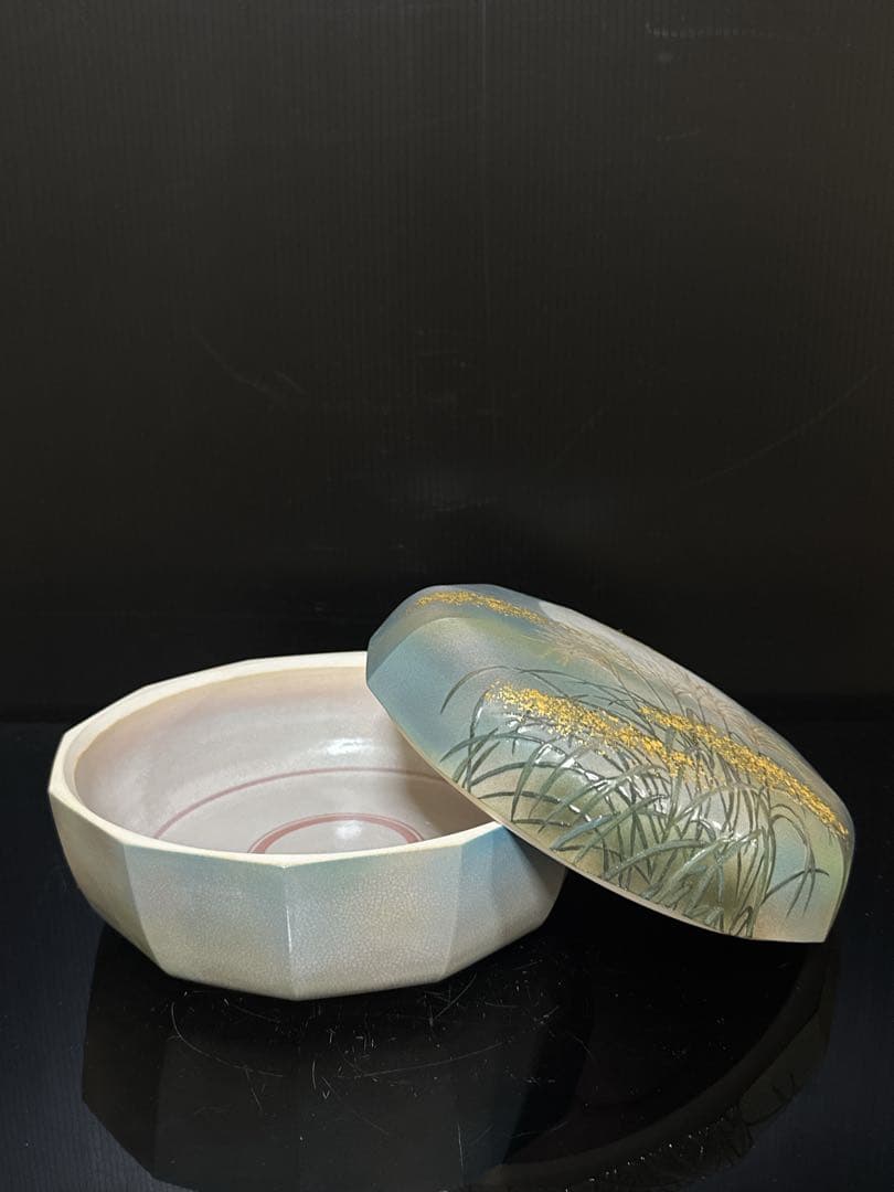 最上品 十二世 坂高麗左衛門 熊峰 萩焼 陶彩景 芒図 食籠 桐共箱付 未使用