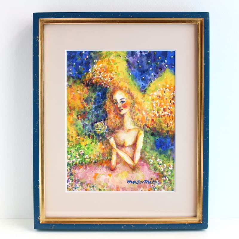 「祈り」水彩画 原画 額付き F0 天使の絵 Angel