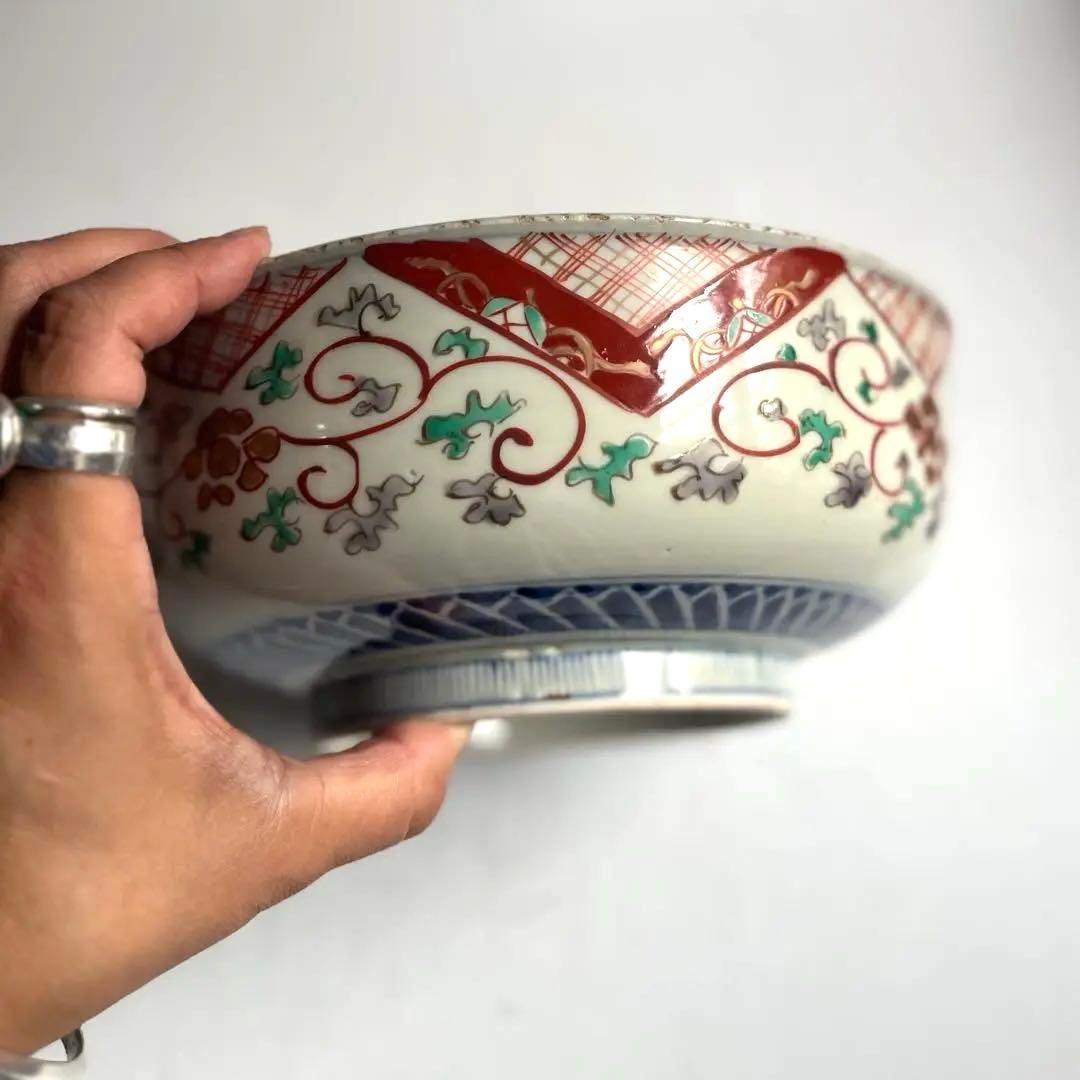 518 骨董 アンティーク 古伊万里 染付 豪華 色絵金彩花鳥図7寸鉢 幕末