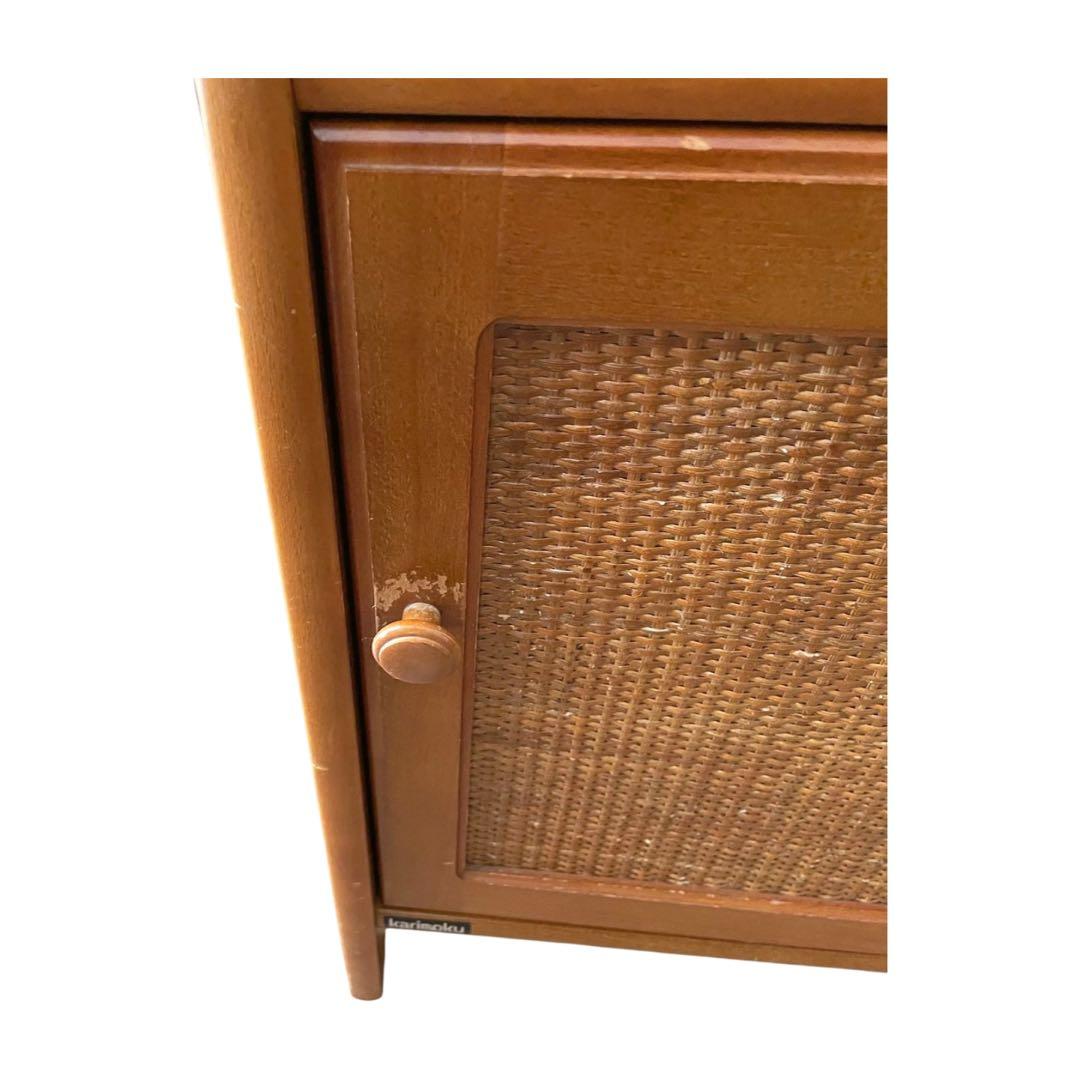 希少　カリモク ラタン 木製電話台・FAX台 引き出し付き 昭和レトロ