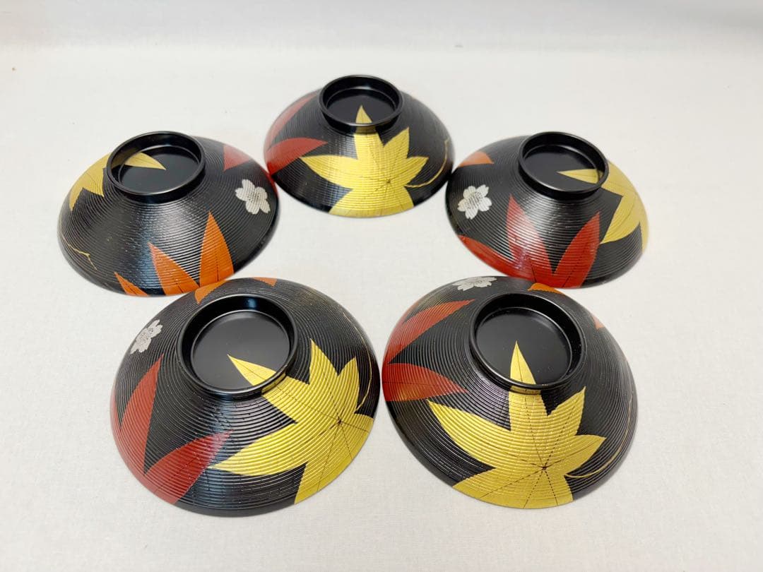 ほぼ未使用 懐石道具 木製漆器 千筋 金彩もみじ蒔絵 吸物椀 5客揃 共箱