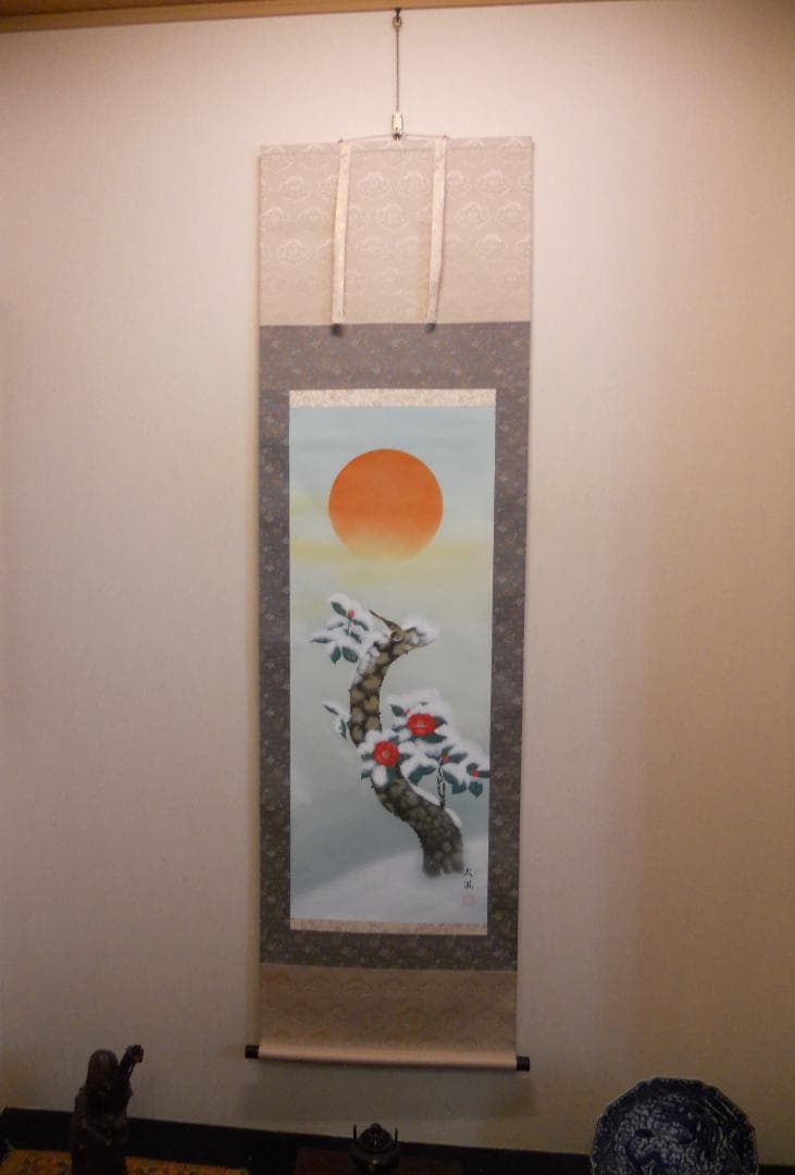 掛け軸 小川大鳳 『 寒椿 』 軸装 茶道具 掛軸 美品 です。