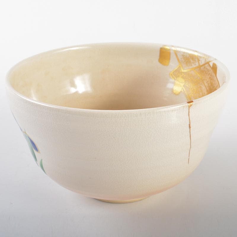 京焼　押小路窯　庄左エ門造　色絵八ツ橋　菖蒲文　茶碗　共布共箱　C　R6547