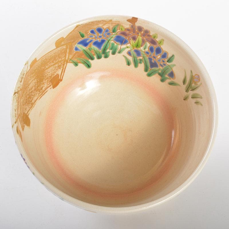 京焼　押小路窯　庄左エ門造　色絵八ツ橋　菖蒲文　茶碗　共布共箱　C　R6547