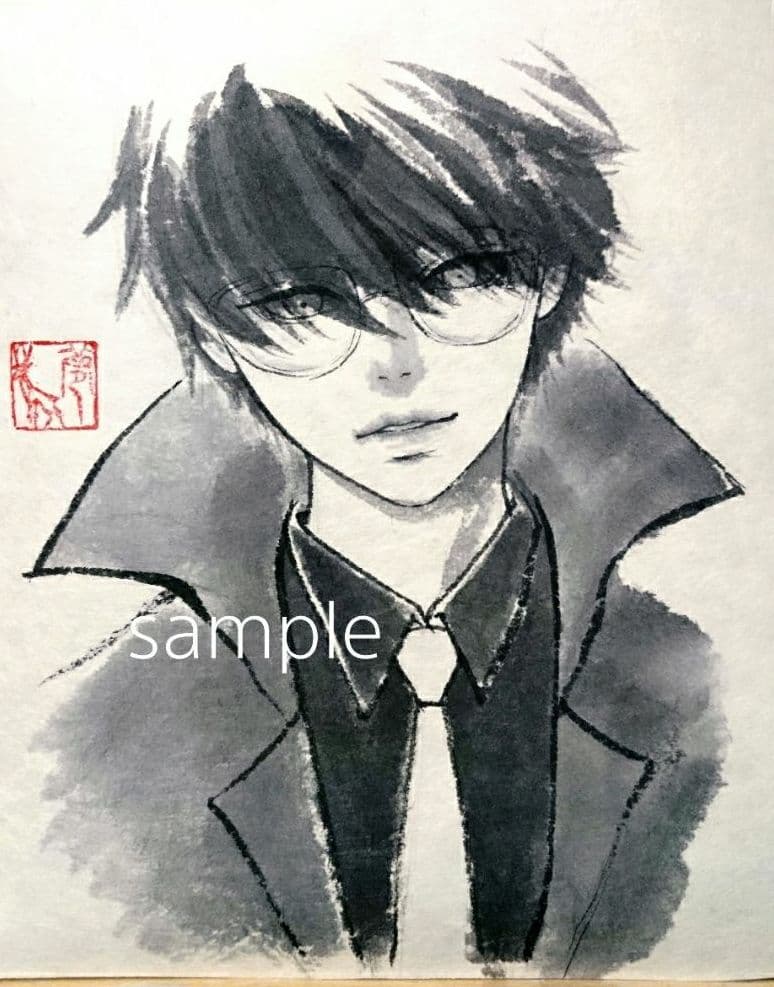 ポストカード　 水墨画 肉筆原画 墨絵 眼鏡 男の子