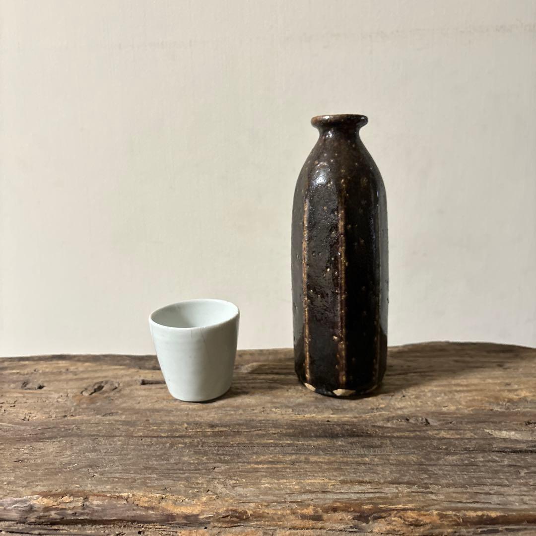 民芸陶器　徳利花入　出石窯　古道具　アンティーク酒器　花器　李朝　黒高麗　古民芸