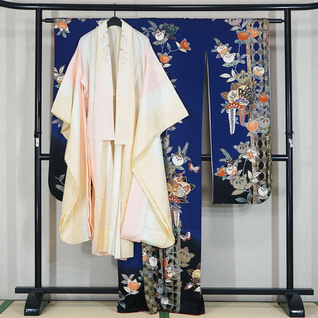 長じゅばん付き　正絹振袖　青　金彩友禅柄　165cm　a129