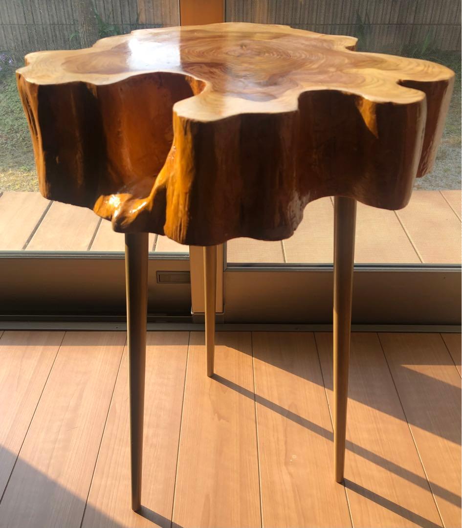 切り株　コーヒーテーブル　ゴールド色アイアン脚
