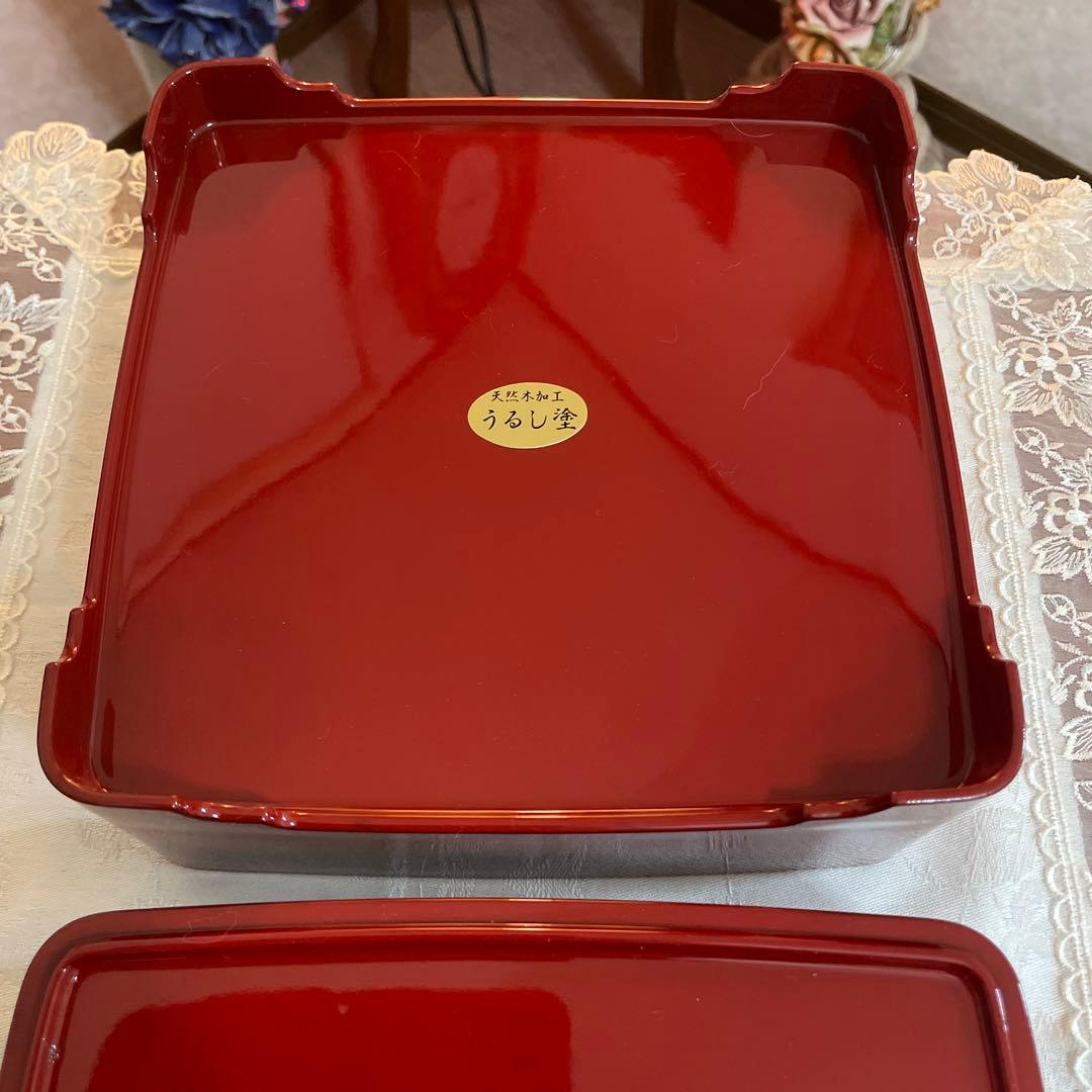 会津塗　うるし塗　天然木　三段重　重箱　未使用　シール付