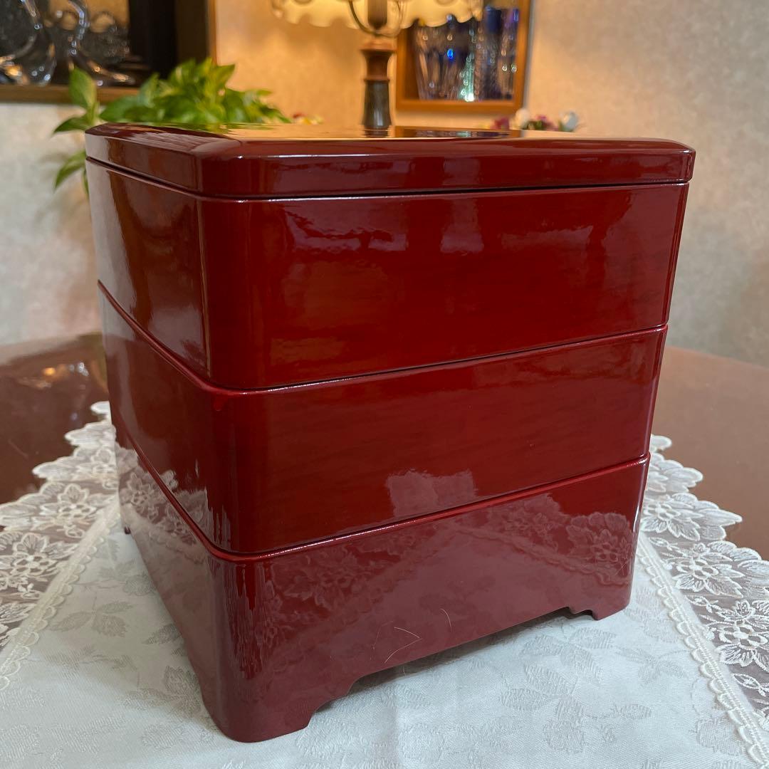 会津塗　うるし塗　天然木　三段重　重箱　未使用　シール付