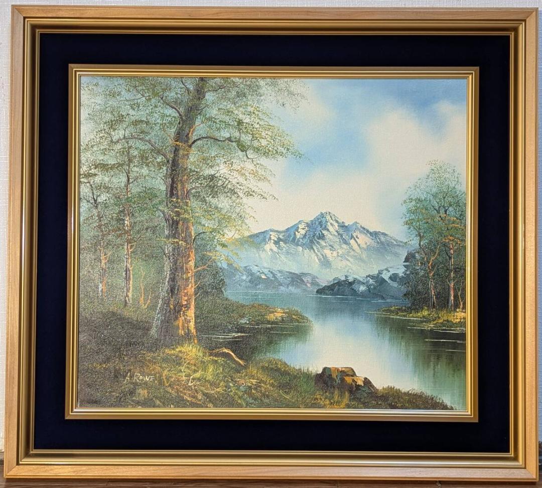 【真作】絵画　油彩10号　湖畔と雪山　静謐な自然美あふれる風景画　Y51