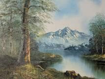 【真作】絵画　油彩10号　湖畔と雪山　静謐な自然美あふれる風景画　Y51