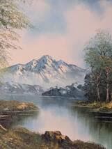 【真作】絵画　油彩10号　湖畔と雪山　静謐な自然美あふれる風景画　Y51