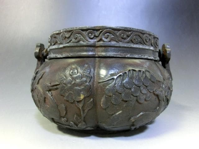 手炉■銅製 透かし花唐草 花鳥紋 大明宣徳 灰器 火器 手あぶり 香炉 時代物