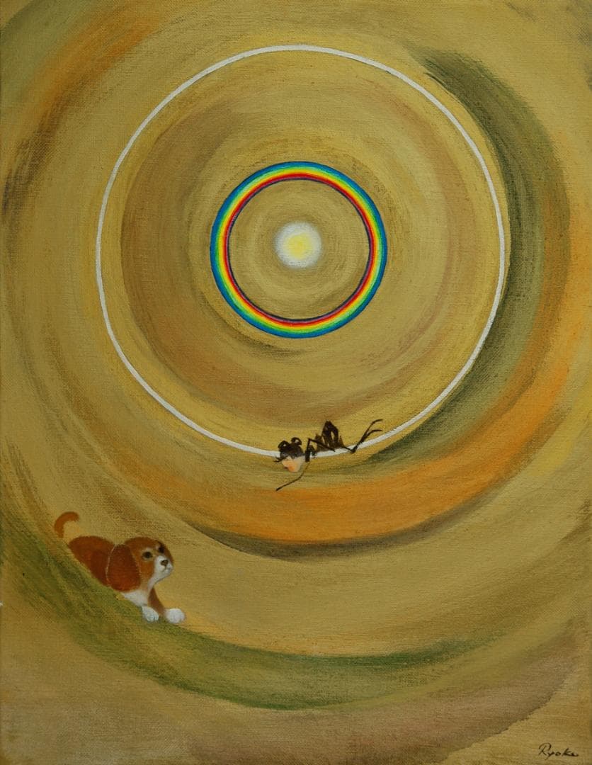 油絵 菅家令子 絵 絵画インテリア額付(白)F6-070119 祈り希望子犬女子