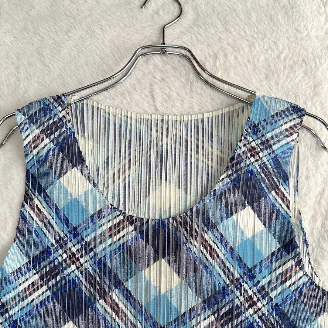 美品✨プリーツプリーズ ノースリーブ タンクトップ カットソー チェック柄 3