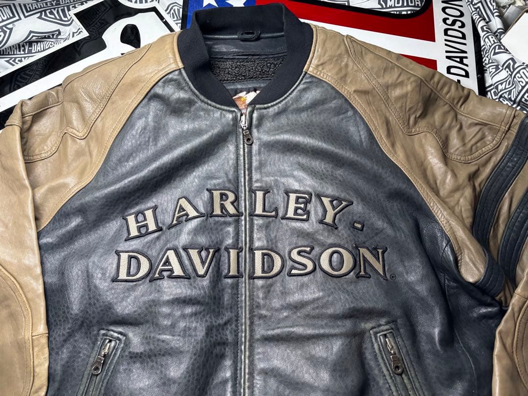 ハーレーダビッドソン 前後革刺繍ロゴ⭐️レアなラム本革製ジャケット脱着ボアライナー