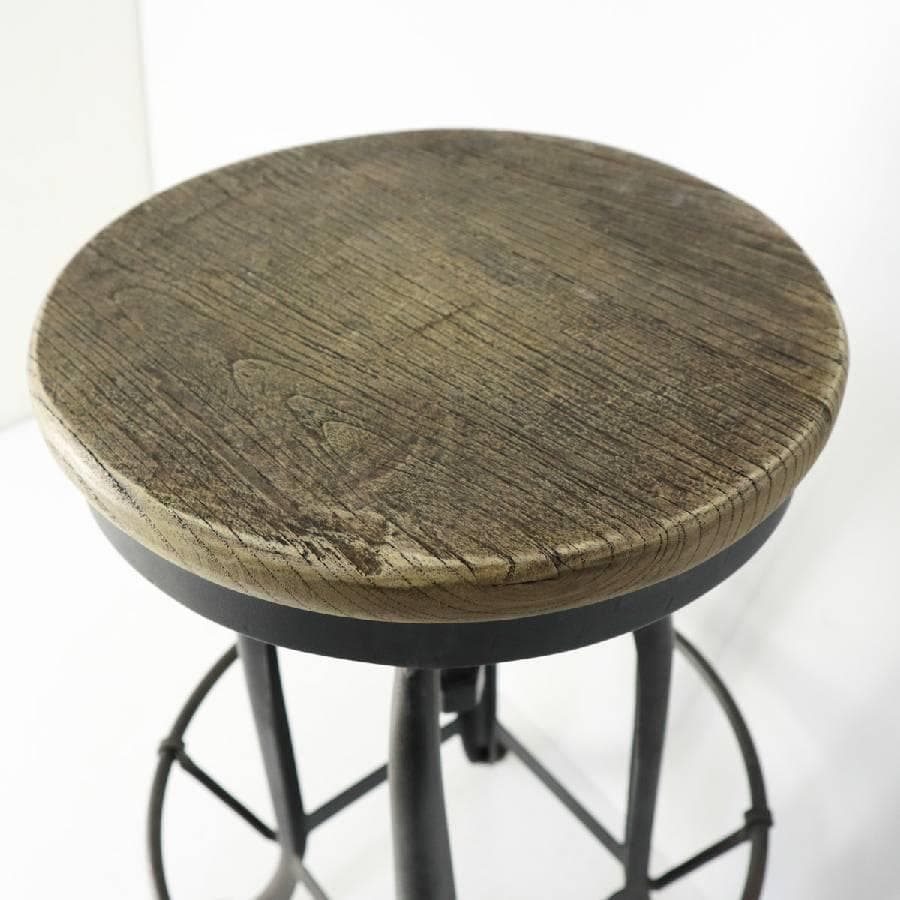 インダストリアル 昇降式 古木シート ハイスツール アイアン脚 足置きあり ④