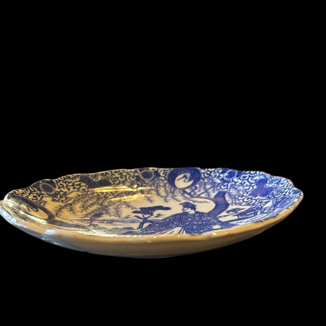 伊万里 アンティーク 染付 印判 中皿 輪花皿 貴人図 柳樹 鶴丸 見返し唐草