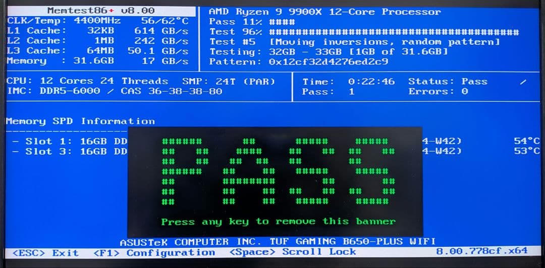 Crucial PRO 16GB×2 DDR5-6000 Memtest86+済