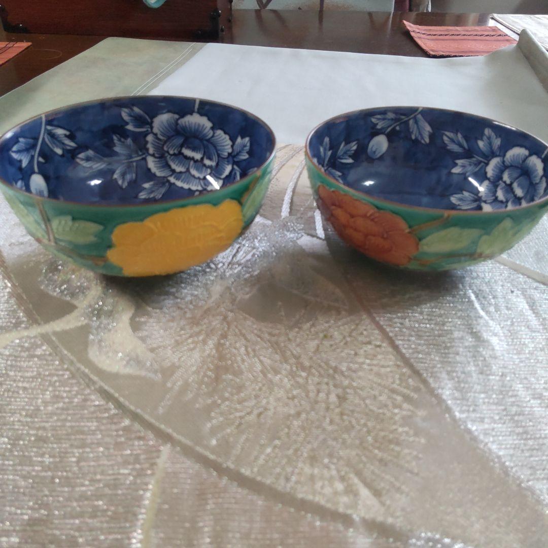 清水焼 手描き 秀峰 緑 交趾(こうち) 夫婦茶碗 お茶碗