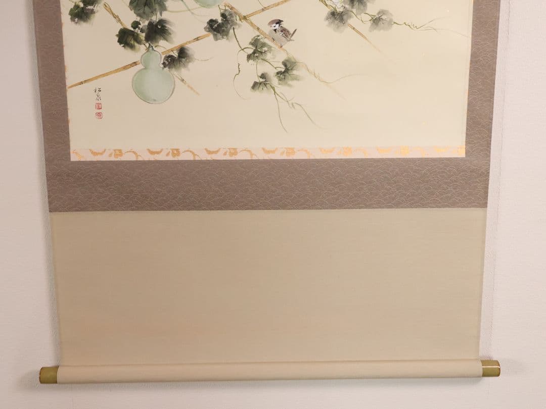 【真作】美品 日本画 田中松泉「瓢箪・雀」彩色 紙本 掛軸 鳥 横物 MA636