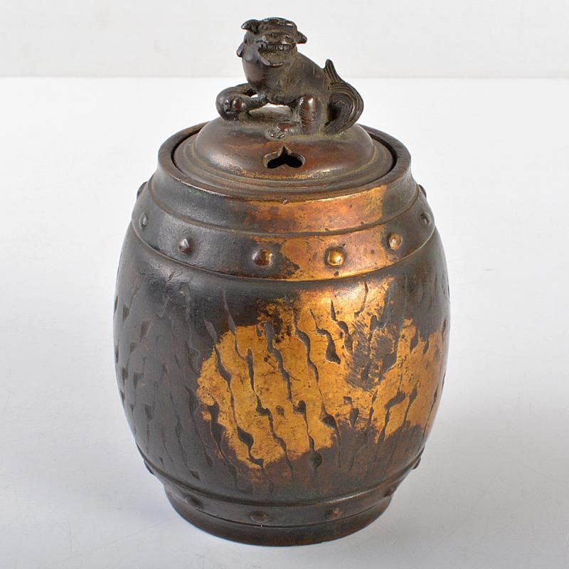 平安　秦蔵六造　銅鍍金　獅子摘　太鼓式　香炉　H　R5377