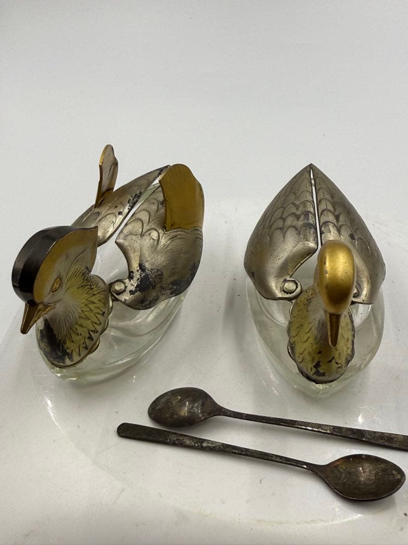 アヒル型水晶置物 銀製 2個セット