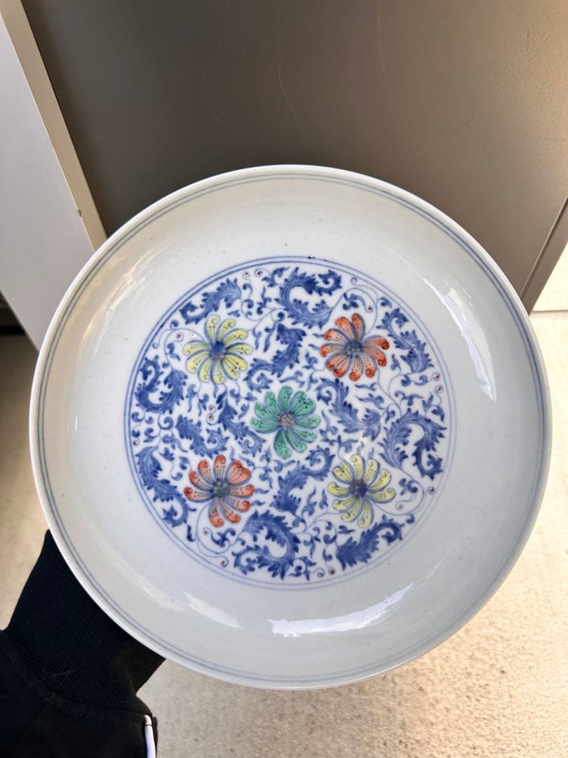 清代　大清雍正年製　青花染付 彩繪花卉文　古陶磁皿　中国古美術　時代物　骨董