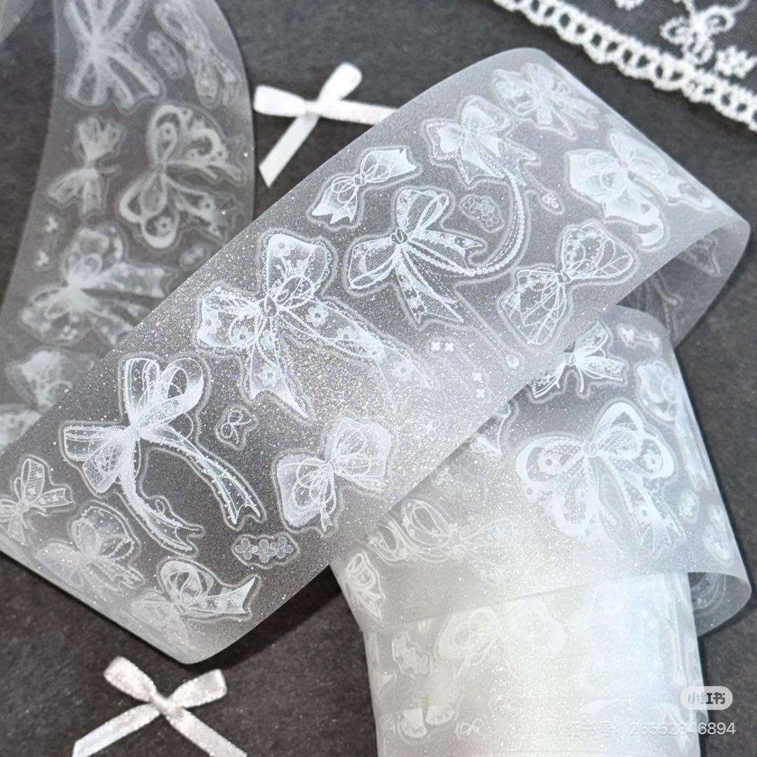 【9085】海外　マステ　5m巻　ラメ加工カッティング　レース　白リボン　装飾系