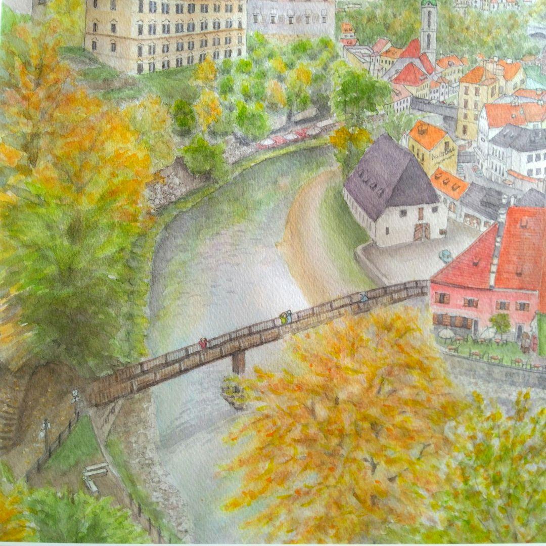 風景画　水彩画　チェスキー・クロムロフ(チェコ)の町並を望む