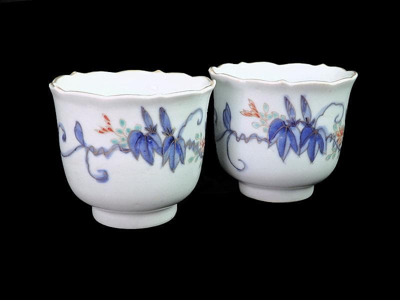 古伊万里　染錦　朝顔の図　向付　猪口　２客　E147AS-fbrg