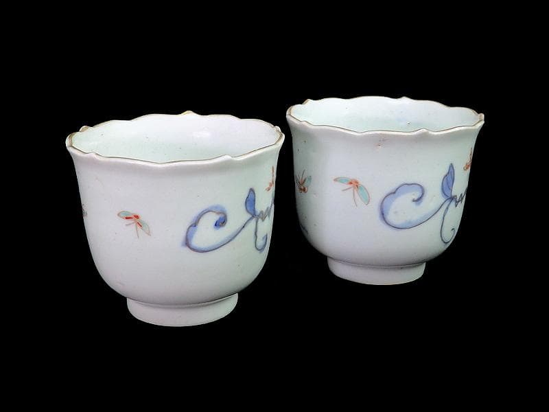 古伊万里　染錦　朝顔の図　向付　猪口　２客　E147AS-fbrg