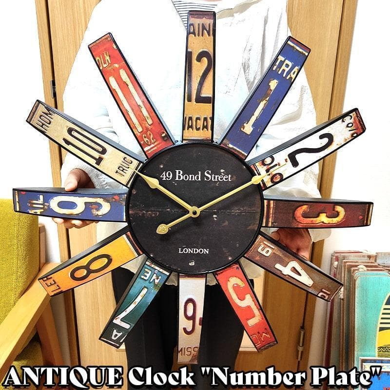 掛時計 巨大 アンティーククロック ナンバープレート 大きい カラフル 壁掛け