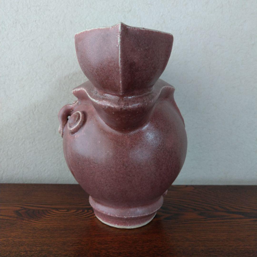 河井創太　辰砂貼文扁壷　桐共箱　黄布・栞・先生サイン入り陶展案内状付き