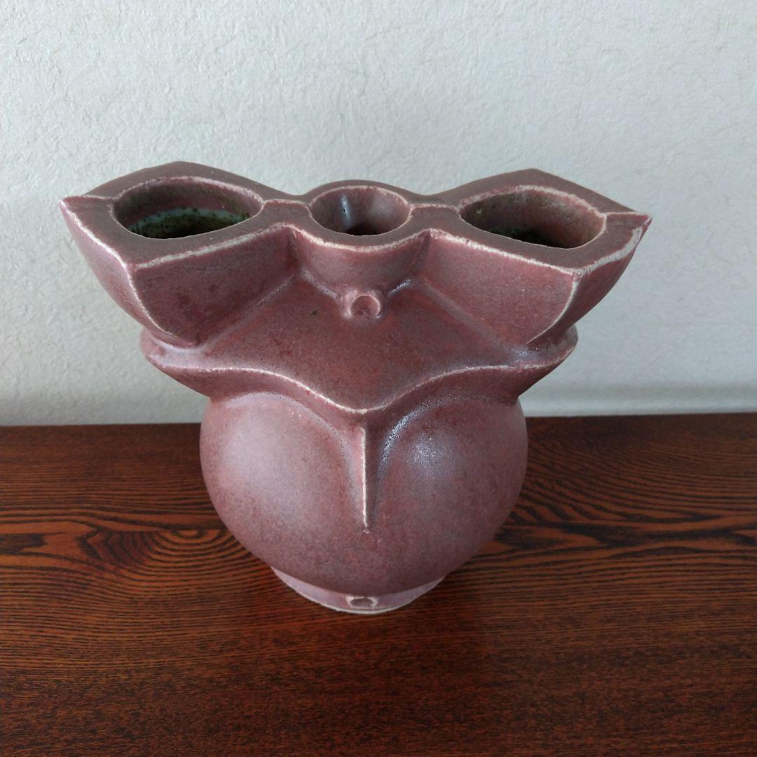 河井創太　辰砂貼文扁壷　桐共箱　黄布・栞・先生サイン入り陶展案内状付き