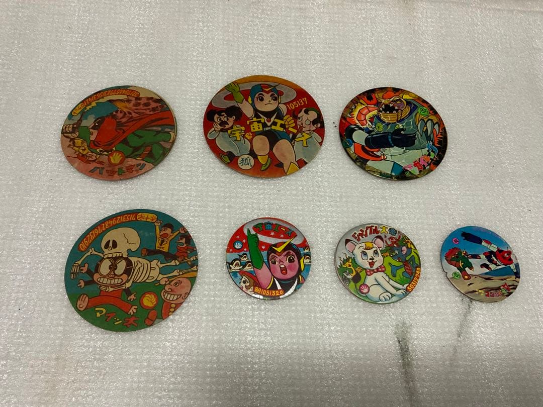 昭和のメンコ／7枚セット。宇宙エース、ガイキング、コンバトラーV等。【丸型面子】