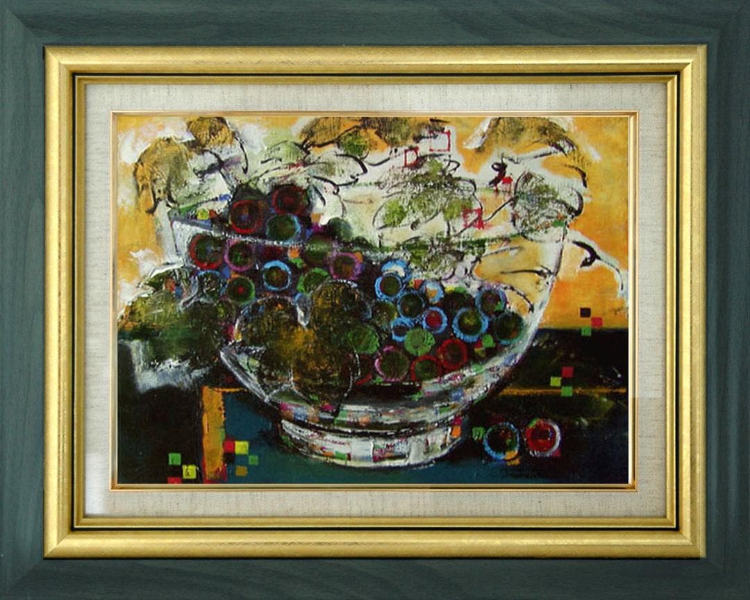 油絵 絵 絵画インテリア 額付(青緑＋金色の枠) uF6-061203 静物果物