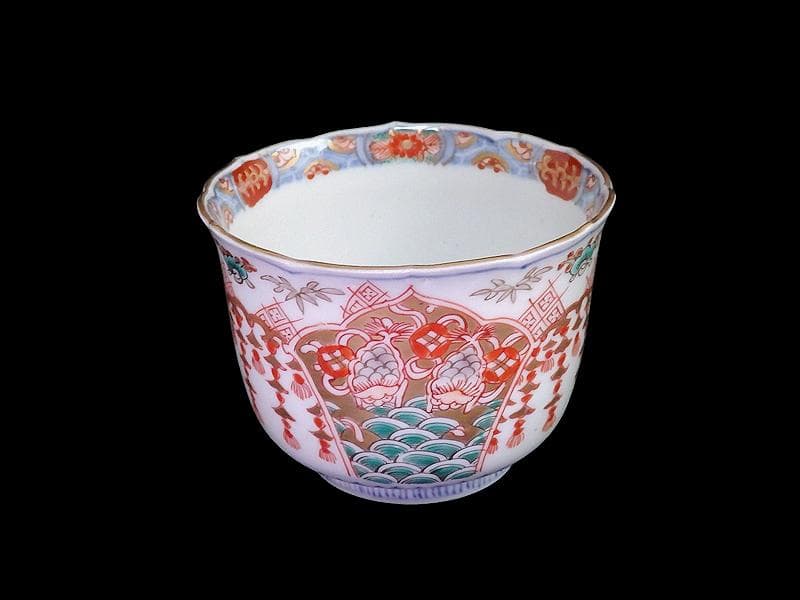 古伊万里　瓔珞紋に松竹梅　獅子に青海波の図　向付　３客　E766AS-fbtr