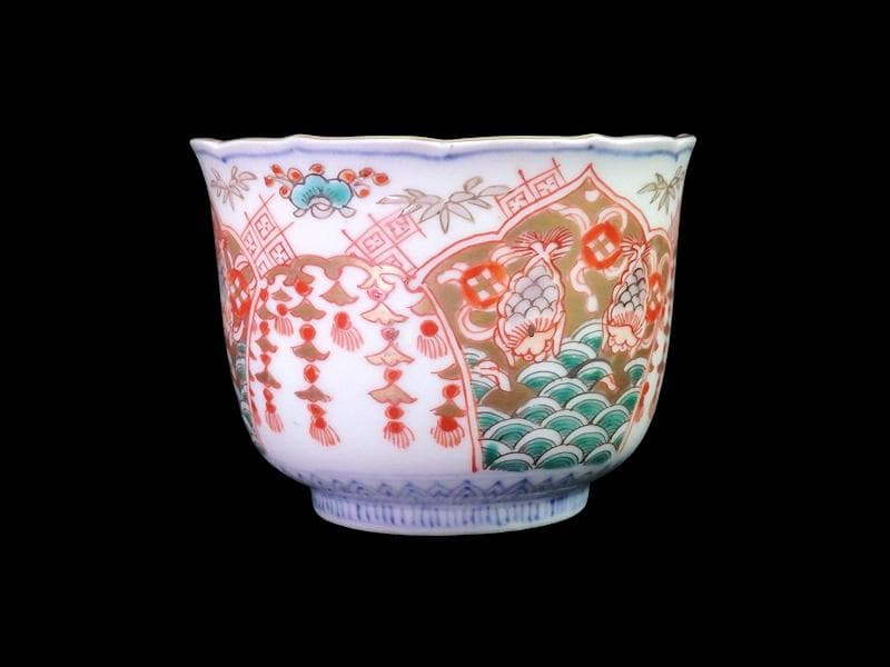 古伊万里　瓔珞紋に松竹梅　獅子に青海波の図　向付　３客　E766AS-fbtr