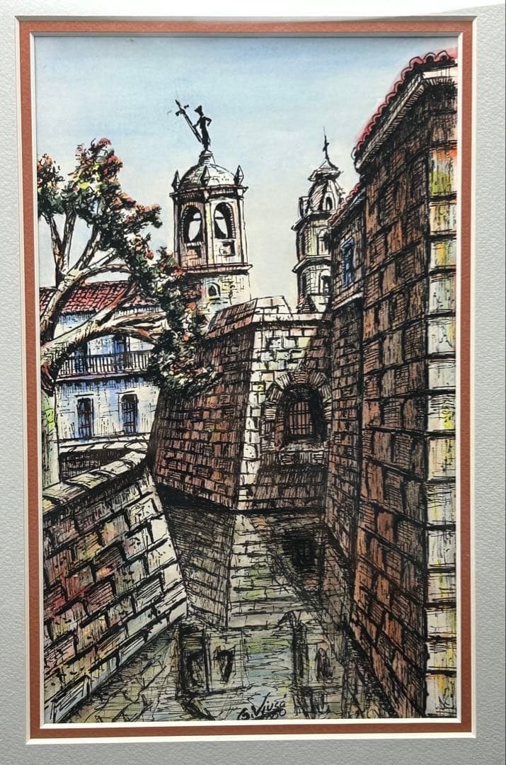 ペン画　キューバ　ハバナ旧市街　「王家の城」　ヒラルディージャ　G.Vivsa