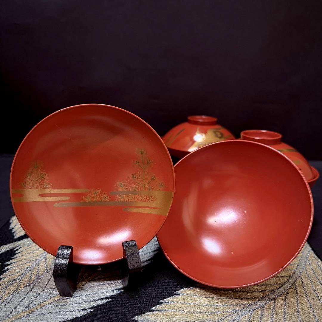 漆器　輪島塗　金蒔絵松鶴文　木製　蓋付椀　お煮物椀　吸物椀　5客　骨董品