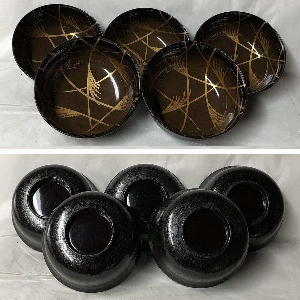 e2697 蝶蒔絵 煮物椀 五客 木箱入り 蒔絵 吸物椀 懐石道具